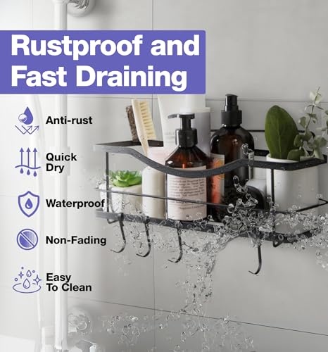KINCMAX Premium Shower Caddy - Self Adhesive Shower Shelf with 4 Hooks - No Drill Large Capacity Stainless Steel Rack - Aesthetic Organizer for Bathroom Wall Decor - Matte Black - style: Shower Caddy (Black)