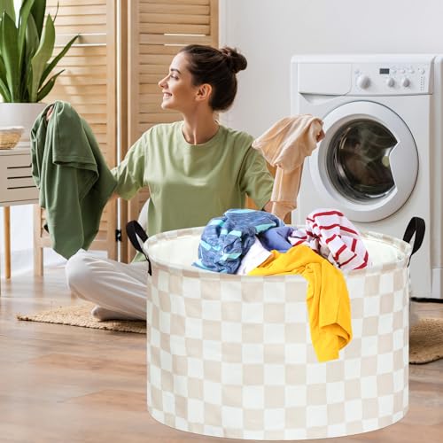 MAIZMZ Checkered Storage Basket Extra Large 80L Kids Hamper Baby Laundry Basket Waterproof Toys Car Organizer Collapsible Canvas for Home/Dorm/Pet/Office/Closet/Shelf/Gift Baskets - color: Cream