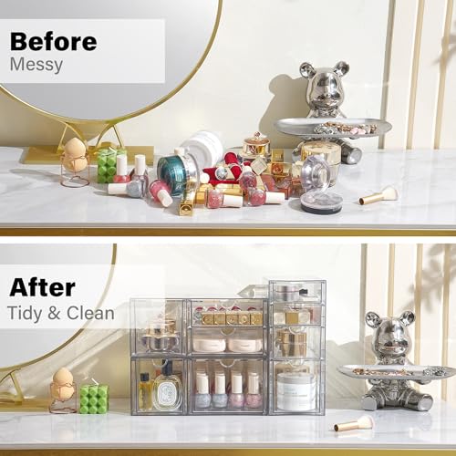 Prsildan Acrylic Drawer Makeup Organizer with 9 Drawers, Set of 3 Office Desk Organizers Accessories, Clear Stackable Storage Drawers for Vanity, Countertop, Craft, Jewelry, Art Supply Organization - style: 9 Drawers