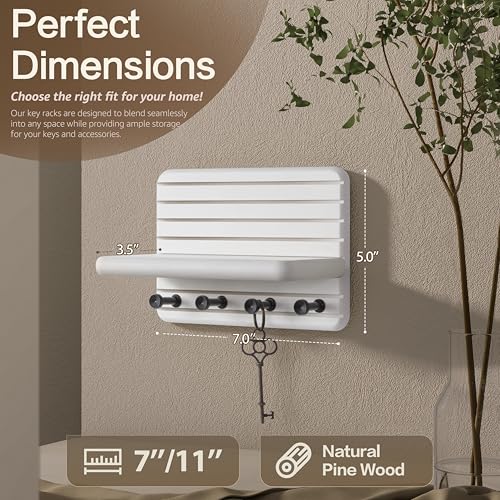 Rebee Vision Small Key Holder Wall Mount for Home Storage – Stylish 7-Inch Key Holder for Wall with 4 Hooks & Mini Floating Shelf - Beautify Your Entryway, Living Room, Bedroom Decor (White) - color: White, size: Small-7inch