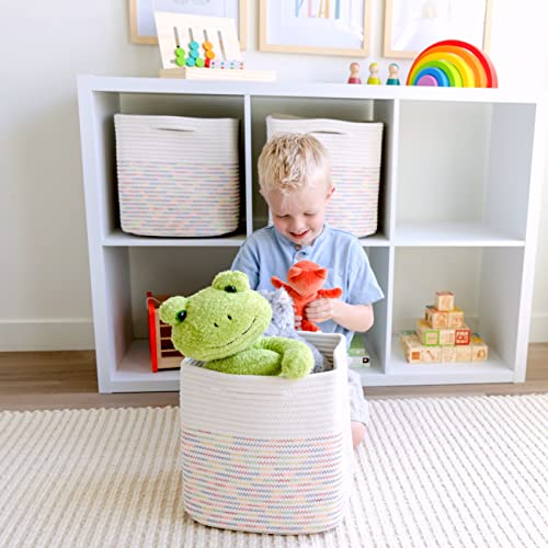 NaturalCozy Storage Cubes 11 Inch Cotton Rope Woven Baskets for Organizing, 3-Pack | Cube Storage Bin | Square Storage Baskets for Shelves Organizer, Classroom, Kids Toy Bins, Closet, Baby Nursery - color: Off White & Rainbow Stitching