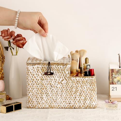 Sumnacon Tissue Box Cover Square Tissue Box Woven Seagrass Tissue Box Holder with Side Organizer, Rustic Tissue Holder for Living Room Bathroom Bedroom Kitchen Office Table Desk, White - color: White