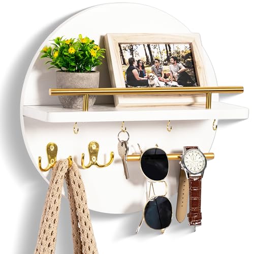 Key Holder for Wall Decorative with Shelf and Hooks, Mail Organizer Wall Mount with Sunglasses Holder, Circular Design Entryway Key Rack Hanger, Rustic Home Decor Boho Wall Decor (White) - color: White