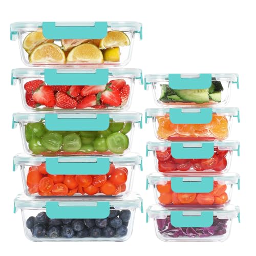 KOMUEE 10 Pack Glass Food Storage Containers, Meal Prep Containers with Lids, Airtight Glass Lunch Boxes, Freezer, Oven, and Microwave Safe, Green - color: Green