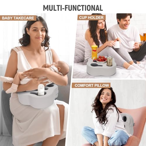 Couch Cup Holder Pillow, Sofa Organizer Caddy Bed Refreshment Tray for Drinks, Remotes, Phones, Snacks (PUGrey) - color: PUGrey, size: 12*12*3.7 Inch