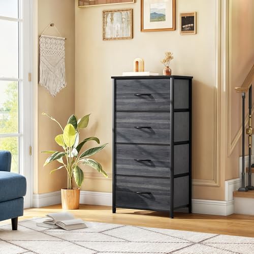 DWVO 4 Drawers Dresser, Dresser for Bedroom, Fabric Storage Tower, Chest of Drawers, Organizer Unit for Closets, Living Room, Sturdy Steel Frame, Wooden Top, Easy Pull Fabric Bins - color: B - Black Wood Grain Ash, style: 4-Drawer