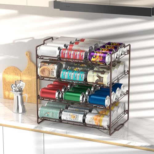 4 Tiers Stackable Can Rack Organizer, Wear-resistant Upgrade Beverage Food Can Dispenser Holder Holds up to 48 Cans for Kitchen Cabinet and Pantry (Brown) - color: brown