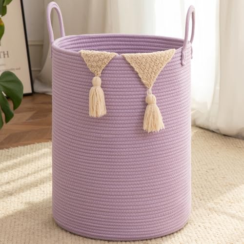 OIAHOMY Large Laundry Basket Hamper - 60L Cotton Rope Woven Basket for Blankets, Toys, Clothes - Tall Decorative Nursery Hamper with Long Handles, Purple - color: Purple, size: 60L