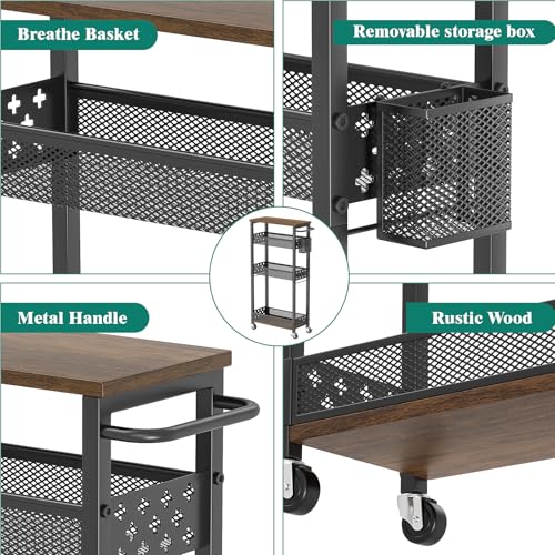 XYZLVSI Slim Storage Cart 4 Tier Laundry Cart with Wheels, Narrow Metal Kitchen Rolling Carts Bathroom Organizers Storage Shelf with Wood Rack and Handle for Small Space - color: Black