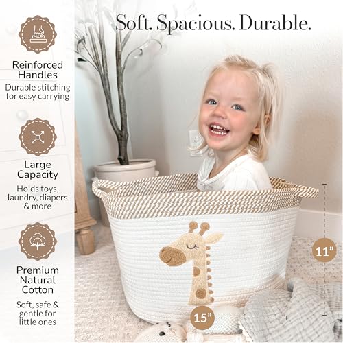 Giraffe Storage Basket for Nursery – Large 15”x11” Cotton Rope Bin with Soft Felt Animal Patch – Toy Organizer, Baby Laundry Hamper, Diaper & Towel Holder – Foldable, Washable & Baby-Safe - color: Giraffe