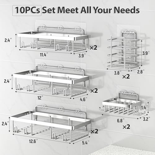 Liuoud 10 Pack Shower Caddy Organizer Rack Shelf for Inside Shower, Self Adhesive Wall Storage Basket Rustproof Stainless Steel Shampoo Holder Bathroom Accessory Decor Set, Silver - color: Silver