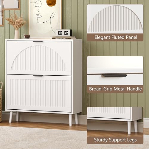 BORNOON Shoe Cabinet for Entryway with 2 Flip Drawers, Slim Wooden Shoe Storage Organizer with Modern Fluted Pannel，Freestanding Narrow Hidden Shoe Rack for Hallway, Foyer, Living Room - color: White, size: 2 Flip Drawers