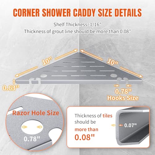 Shower Corner Shelf Organizer Rack with Hooks & Razor Hole, No Drilling Tile Shower Shelves, Rustproof Stainless Steel Bathroom Shelves Basket, Modern Corner Shelf for Bathroom, 2Pack-Silver - color: 4-upgraded Silver