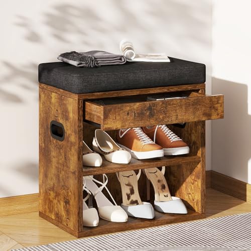 YMYNY Small Shoe Storage Bench with Cushion and Drawer, 2 Tier Adjustable Entryway Bench with Storage, Wooden Shoe Rack Bench for Entryway, Living Room, Hallway, Closet, Bedroom, Rustic Brown, HSC002H - color: Rustic Brown