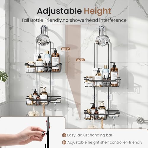 Skyapex Shower Caddy Hanging, Adjustable Height 2-Tier Shower Organizer Over Showerhead, Rust-Resistant Stainless Steel Shower Rack with 15 Hooks, Heavy Duty Anti-Swing Bathroom Storage, Black