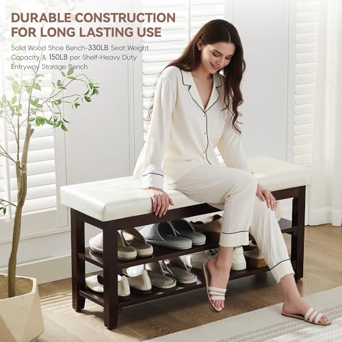 40" Shoe Bench with Leather Cushion, 2-Tier Shoe Rack Entryway Bench, Wood Bench for Front Door Entrance, Mudroom, Hallway, Wooden Shoe Shelves, Shoe Organizer, Shoe Storage, White - color: White