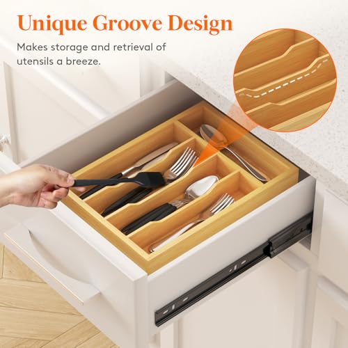 Lifewit Silverware Drawer Organizer, Utensil Tray for Kitchen, Flatware and Cutlery Holder, Storage for Spoons Forks Knives, 8.6 x 12.5", Natural - size: 8.6''W x 12.5''D