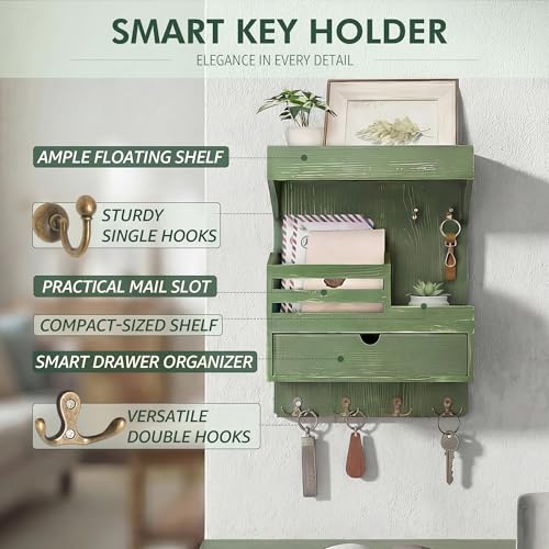 Rebee Vision Pine Wood Key Holder Wall Mount with Small Drawer Organizer - Farmhouse Key Holder for Wall with 6 Sturdy Hooks & Floating Shelf - Perfect for Room Decor (Green) - color: Green, style: Large Drawer