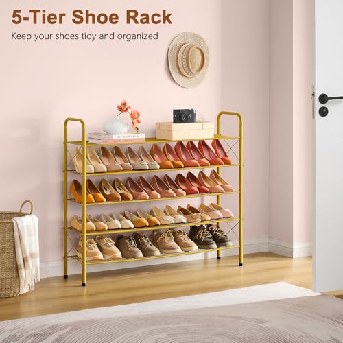 Hoctieon 5 Tier Shoe Rack for Closet, Durable Mesh Style Shoe Rack, Entryway Shoe Shelf, Shoe Storage Organizer for Hallway, Bedroom, Living Room, Wardrobe, Gold - color: Gold, size: 5 Tier