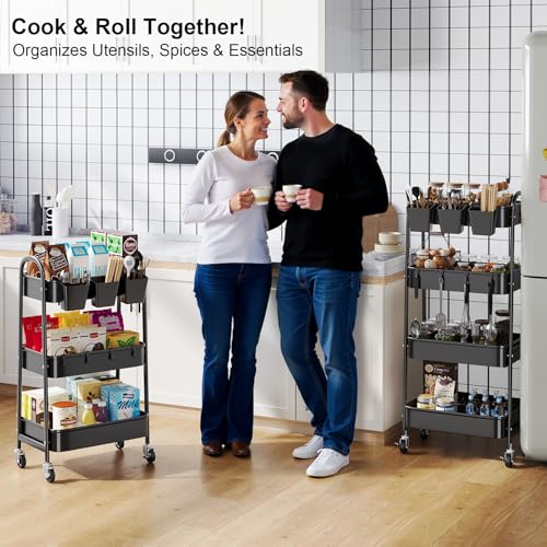 Black 4 Tier Rolling Cart Metal with Lockable Wheels, Four Tiered Tall Storage Rolling Cart on Wheels, Heavy Duty Utility Organizer Carts for Laundry, Kitchen, Dorm, Craft, Art, Snack,Mesh Basket,38in - color: Matte Black, size: 4 tier