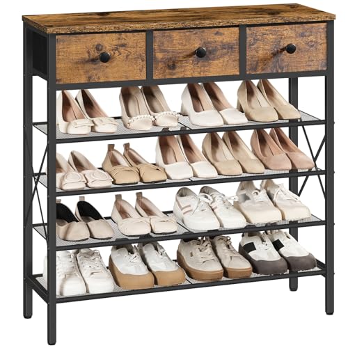 YATINEY 5-Tier Shoe Rack with 3 Drawers, Metal Shoe Organizer for 20 Pairs with Storage Shelves and Wooden Top, for Entryway, Hallway, Foyer, Closet, Rustic Brown and Black SS35BR - color: Rustic Brown + Black, size: 5 Tiers (37.6"H)