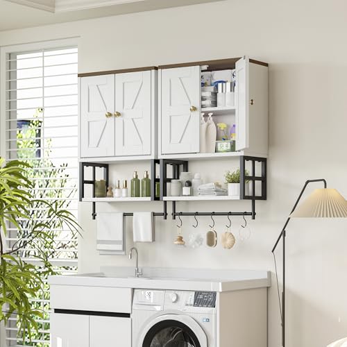 Farmhouse Medicine Cabinet - 3-Tier Wall Mounted Storage Organizer with Adjustable Shelves, Towel Bar, 5 Hooksfor Small Bathroom, Laundry Room, Over Toilet, Living Room, Bedroom (White) - color: White, size: 15.79 inches x 7.87 inches x 24.4 inches