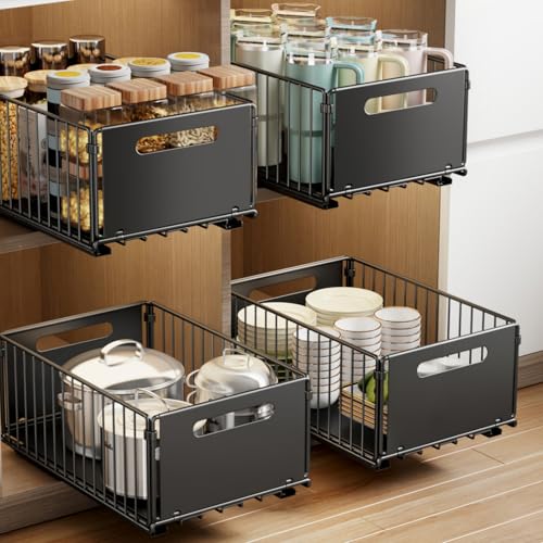 Mustorn 2 Pack Pull Out Cabinet Organizer, Slide Out Drawers for Cabinets, Peel and Stick, Heavy Duty Shelves for Kitchen, Cupboard, Pantry, Bathroom (14.76" D*9.65" W*7.87" H-Black) - color: Black, size: 14.76"D*9.65"W*7.48"H