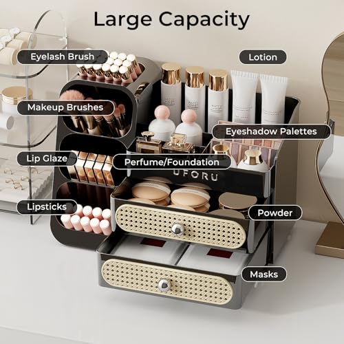 Makeup Organizer for Vanity with Brush Holder, Large Plastic Bathroom Countertop Skincare Organizer with 2 Drawers, Spacious Cosmetic Display Case for Perfumes, Eyeshadow Palettes, Nail Polishes - color: Black Rattan Weaving, size: Large