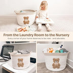 Teddy Bear Storage Basket for Nursery – Large 15"x11" Cotton Rope Bin with Soft Embroidered Bear Patch – Gender Neutral Toy Organizer, Baby Laundry Hamper, Blanket & Diaper Holder - color: Neutral Teddy