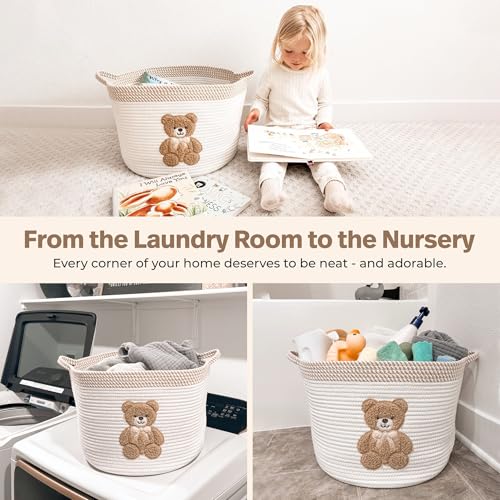 Teddy Bear Storage Basket for Nursery – Large 15"x11" Cotton Rope Bin with Soft Embroidered Bear Patch – Gender Neutral Toy Organizer, Baby Laundry Hamper, Blanket & Diaper Holder - color: Neutral Teddy