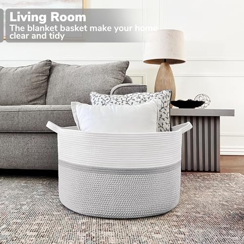 CHICVITA 85L Large Blanket Basket for Living Room, Woven Storage Baskets for Laundry Pillows Toys, Decorative Cotton Rope Basket with Handles for Bedroom Nursery, 22" x 22" x 14", Gray - color: Gray