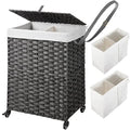 Greenstell Laundry Hamper with Wheels, No Install Needed, 90L Divided Handwoven Hampers & 2 Removable Liner Bags, Rattan Clothes Laundry Basket with Lid & Handles, Foldable Hampers Gray 18x13x26.4 In - color: Gray, size: 90L: 18.3x13.5x26.4 Inches