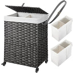 Greenstell Laundry Hamper with Wheels, No Install Needed, 90L Divided Handwoven Hampers & 2 Removable Liner Bags, Rattan Clothes Laundry Basket with Lid & Handles, Foldable Hampers Gray 18x13x26.4 In - color: Gray, size: 90L: 18.3x13.5x26.4 Inches