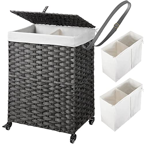 Greenstell Laundry Hamper with Wheels, No Install Needed, 90L Divided Handwoven Hampers & 2 Removable Liner Bags, Rattan Clothes Laundry Basket with Lid & Handles, Foldable Hampers Gray 18x13x26.4 In - color: Gray, size: 90L: 18.3x13.5x26.4 Inches
