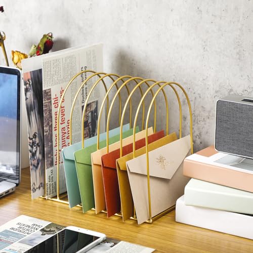 Kosiz 2 Sets Wire File Organizer for Desk 9 Slots Metal File Holder Magazine Folder Mail Desktop Sorter Countertop Folder Stand Racks for Binder Storage School Office Home Photography Prop(Gold)