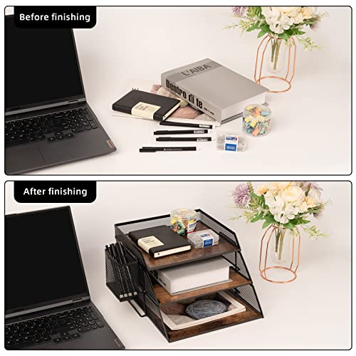 Vintage Wood & Metal Letter Tray， Stackable Desk Organizers Paper Tray， for File Magazines Mail Organizer, Vintage Wood Desk File Organizer with Pen Holder(3 Layer) - color: 3 Layer