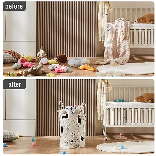 Baby Laundry Basket with Long Handles, 63L Collapsible Kids Laundry Hamper, Toy Storage Basket for Nursery, Bedroom Decor for Girls and Boys (Cartoon Cat) - color: White & Black Cat, size: 1 Pack