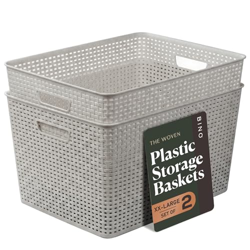 BINO | Plastic Storage Baskets, 45 Liter - 2 Pack, Natural Grey | THE WOVEN COLLECTION | Storage Basket for Shelves | Woven Storage Baskets for Organizing Bins | Pantry Shelf Organizer | Container Bin - color: Natural Grey, size: 45L | 2-Pack