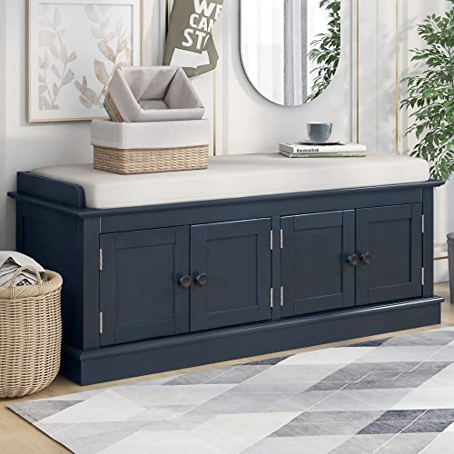 P PURLOVE Farmhouse Storage Bench for Entryway,Wood Storage Benches with Adjustable Shelves,Shoe Bench with Storage and Removable Cushion for Entryway,Antique Navy - color: Antique Navy, size: With 4 Door