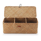 DECRAFTS Seagrass Storage Basket with Lid Rectangular Small Woven Shelf Baskets with Sections for Organize Snack Toys Tampon - color: Natural 3 Sections