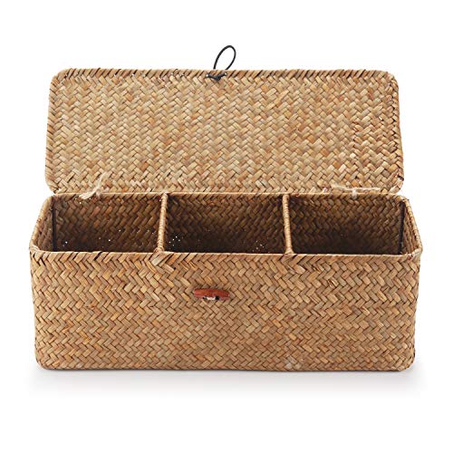DECRAFTS Seagrass Storage Basket with Lid Rectangular Small Woven Shelf Baskets with Sections for Organize Snack Toys Tampon - color: Natural 3 Sections