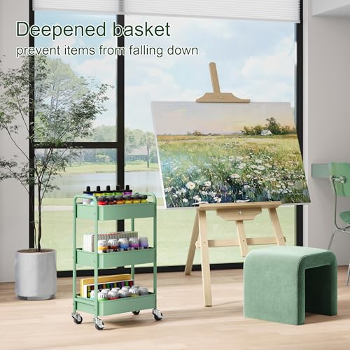 3 Tier Rolling Storage Cart Metal with Wheels, Green Baby Diaper Caddy Carts, Three Tiered Craft Cart Organizer on Wheels, Utility Roller Trolley for Art, Book, Snack, Office, Laundry, Bathroom Shelf - color: Sage Green, size: 3-Tier + Cups + Hooks