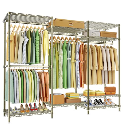 Ulif E13 Heavy Duty Clothes Rack（With 4 Hanger Rods & 8 Shelves） Freestanding Clothing Racks for Hanging Clothes，Adjustable Closet Organizer，Metal Garment Rack 63" W x16 D x77 H，Max Load 900LBS，Gold - color: Gold, size: E13