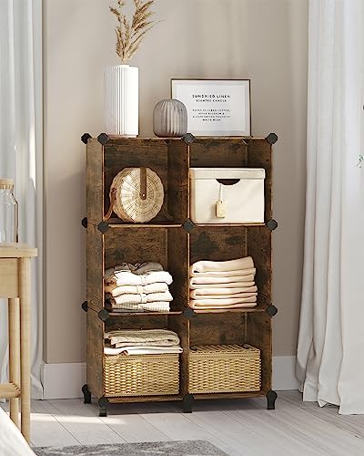 SONGMICS 6 Cube Storage Organizer, Modular Bookshelf, DIY Closet Organizers and Storage, Plastic Stackable Shelves, 11.8 x 11.8 x 11.8 Inch Cubes, with Feet and Rubber Mallet, Rustic Brown ULPC111A01 - color: Rustic Brown, size: 11.8"L x 11.8"W x 11.8"H