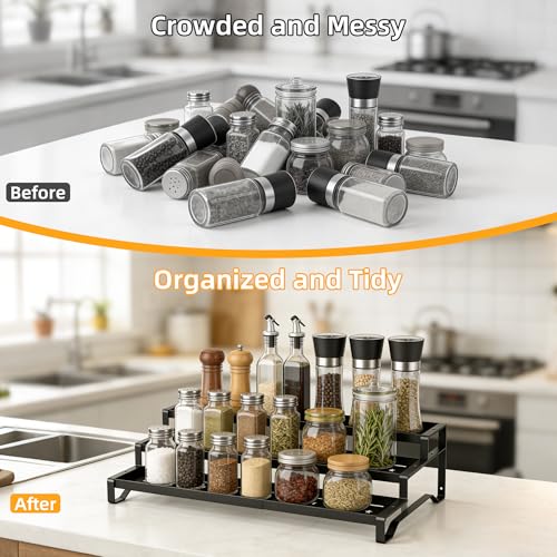 3-Tier Spice Rack Organizer, 13"-21.5" Expandable Spice Organization Shelf, Metal Seasoning Organizer for Kitchen Countertop or Pantry, Slip-Resistant Design for Jars and Bottles, Black - color: Black