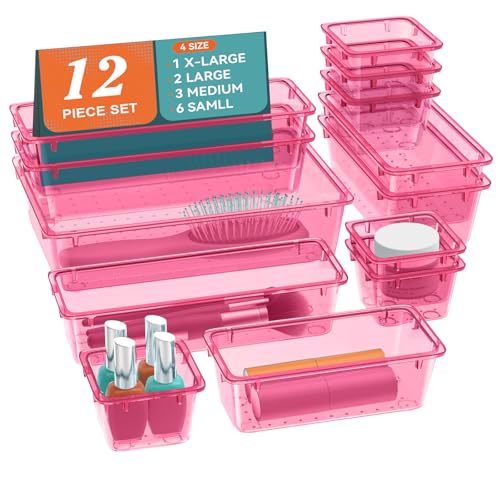 ElegantArray 12 PCS Drawer Organizer Set, 4 Sizes Tool Storage Trays, Clear Plastic Makeup Vanity Organizer and Storage Bins for Stationeries, Multiple Gadgets for Office, Bedroom, Pink - color: Pink, size: 12 PCS