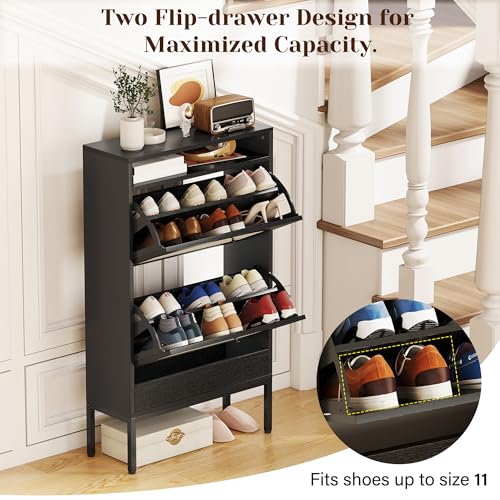 YIKEHOME 23.5" Shoe Storage Cabinet with 2 Rattan Flip Drawers, Freestanding Slim Shoe Organizer with Built-in Recessed Power Strip for Entryway, Foyer, Hallway, Black