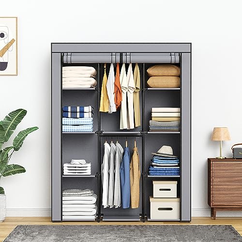 Portable Closet, Wardrobe Closet with 10 Storage Shelves and 2 Hanging Rods, Non-Woven Fabric Cover, 52.4 x 18.1 x 66.6 Inches Closet Organizer for Bedroom, Gray - size: Large