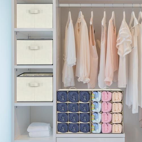 3 Pcs 12 Cell Large Size Pants Organizers for Clothes, Jeans, Sweater, T-shirt, Dress Stackable for Wardrobe Closet Drawer Organizer Storage Bin Container, Beige - color: Beige