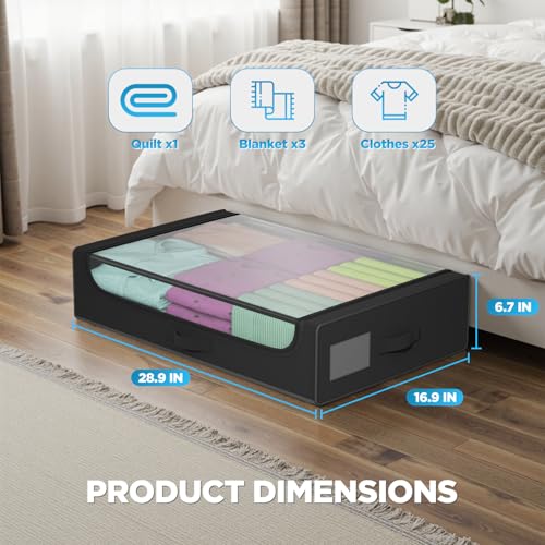 FDW Under Bed Storage Containers 2-Pack Closet Organizers Foldable Storage Bins with Clear Window Storage Containers for Shoes and Books, Black - color: Black